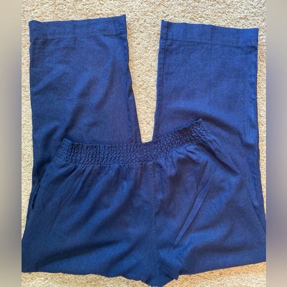 Land ‘ N Sea Navy linen high waist Wide-Leg Pants w/pockets & elastic waist - Picture 5 of 10